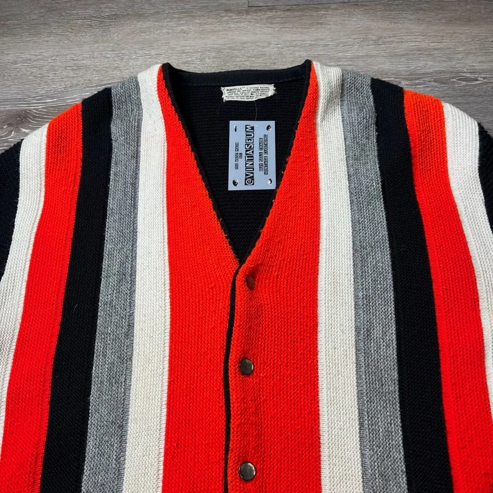 1960s Cardigan Sweater Men Large Black orange Striped Vintage VNeck Button Front